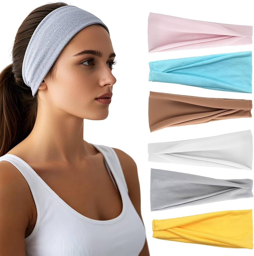 Headbands for Women - 6 Pack Wide Elastic Hair Bands | Stretchy Sweatbands Hair Bands | Soft Spor... | Amazon (US)