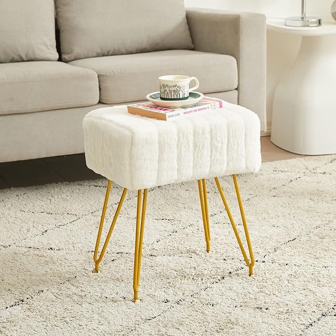 Vanity Stool Chair, Soft Faux Fur Chair, Makeup Stool with 4 Metal Legs & Adjustable Gold Feet, M... | Amazon (US)