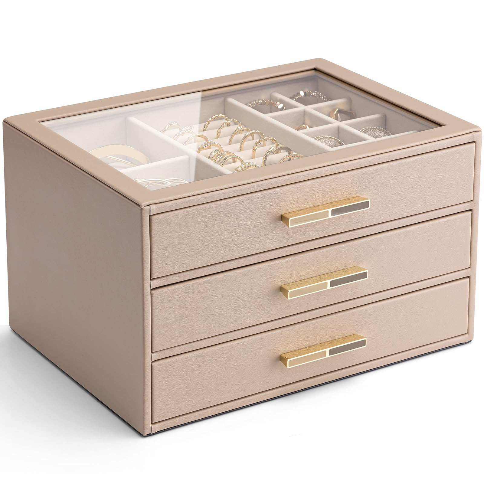 Vlando 3 Layer Jewelry Box for Women, Glass Lid Jewelry Organizer with 4 Drawers for Necklaces Ri... | Amazon (US)