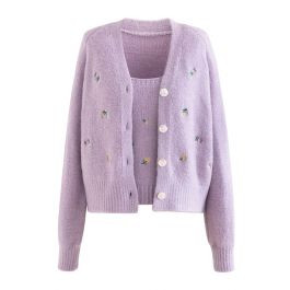 Embroidered Posy Cami Top and Cardigan Set in Lilac | Chicwish
