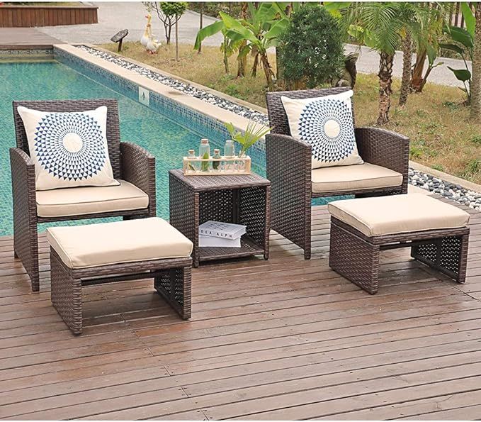 OC Orange-Casual 5 Pcs Patio Conversation Set Balcony Furniture Set with Beige Cushions, Brown Wi... | Amazon (US)