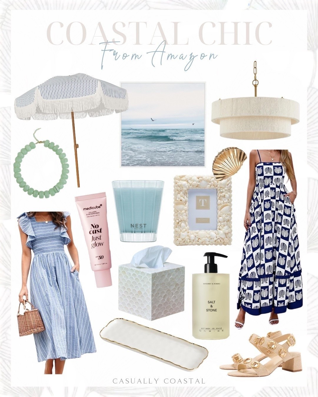 Coastal Chic From Amazon 

Amazon dress, Amazon coastal decor, Amazon heels, Amazon necklace, Amazon wall art, Amazon wall decor, Amazon chandelier, Amazon summer dress, Amazon skincare, open toe chunky sandals, smocked midi dress, rattan chandelier, medicube no cast just glow collagen sunscreen, salt & stone body wash, shell photo frame, coastal photo frame, 7ft patio umbrella, capiz tissue box cover, ocean framed wall art, NEST scented classic candle, Amazon candle, glass bead statement necklace, shell hair clip, rectangular tray, spaghetti strap summer dress, blue and white dress

#LTKHome #LTKSeasonal
