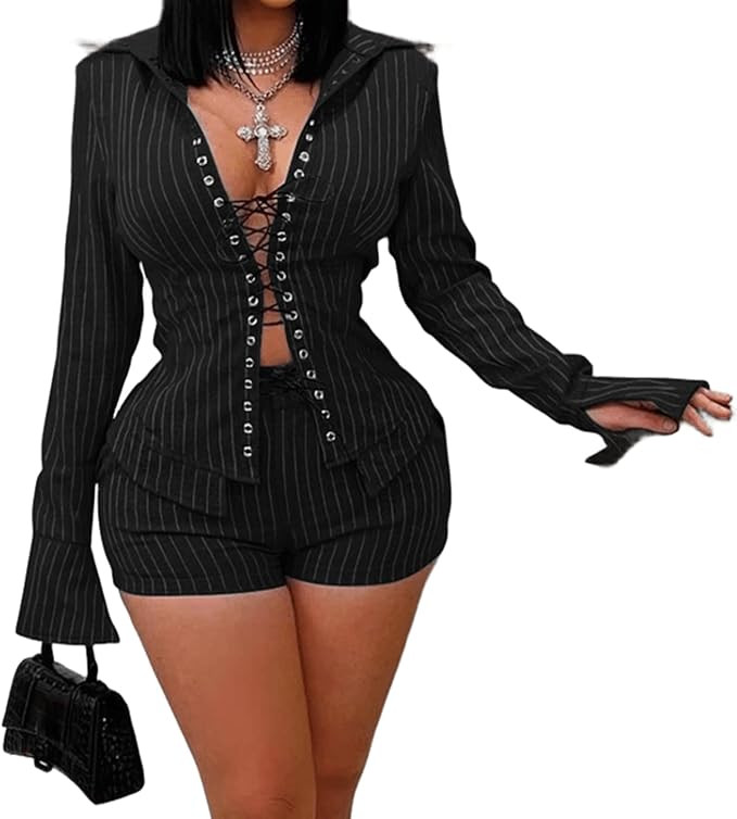 Club Outfits for Women 2 Piece Sets Sexy Stripe Strap Large Lapel Mini Shorts Sets Sexy Club Outf... | Amazon (US)