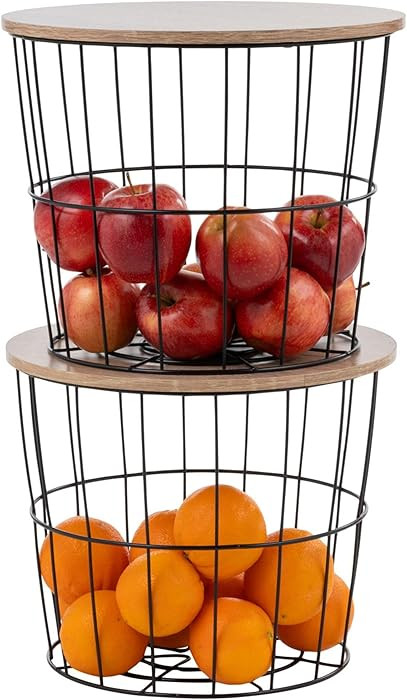 IRIS USA Round Wire Basket with Wooden Lid, 2 Pack, Potato Onion Vegetable Storage, Nestable Stor... | Amazon (US)