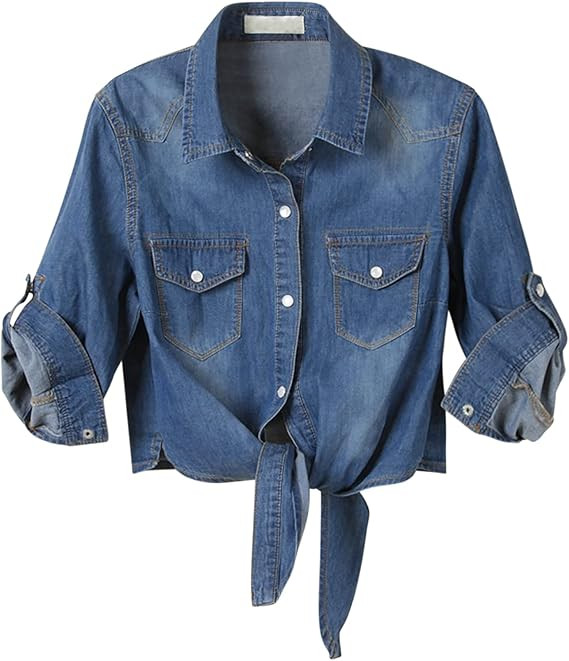 Women's Denim Shirt 3/4 Sleeve Tie Front Top Knot Chambray Cardigan Button Shirt Jean Crop Top Ja... | Amazon (CA)