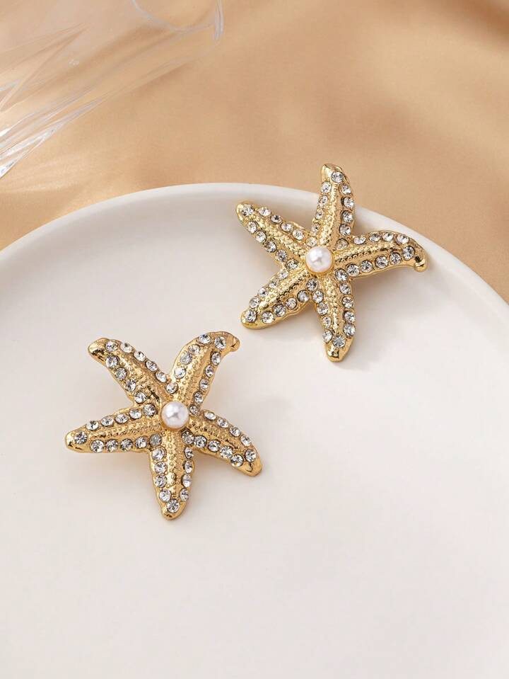 1 Pair Glitzy Rhinestone Starfish Stud Earrings, High-End Women's Earring Accessories For Daily W... | SHEIN