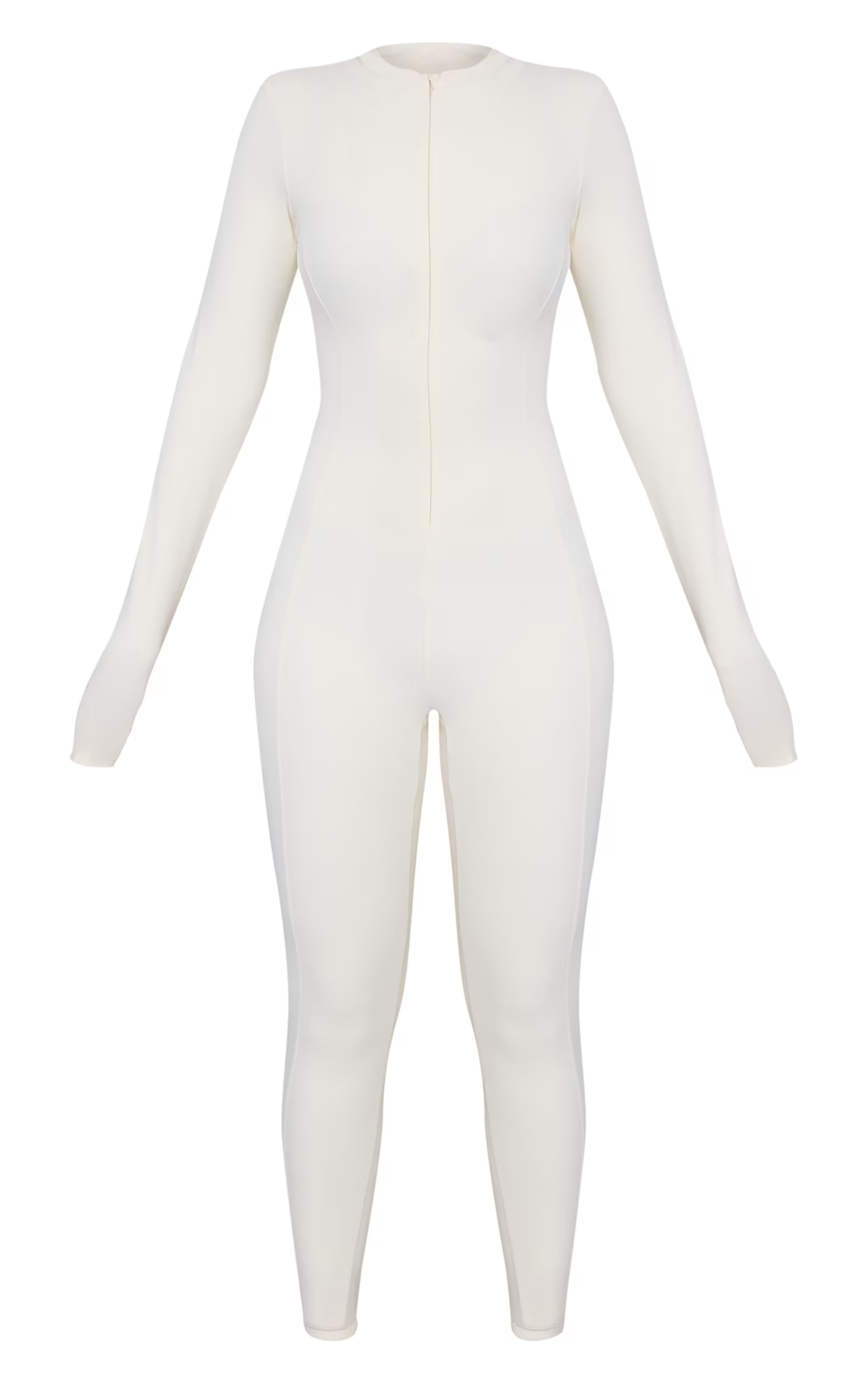 PLT SKI Cream Sculpt Seam Detail Zip Front Unitard | Athleisure | PrettyLittleThing US