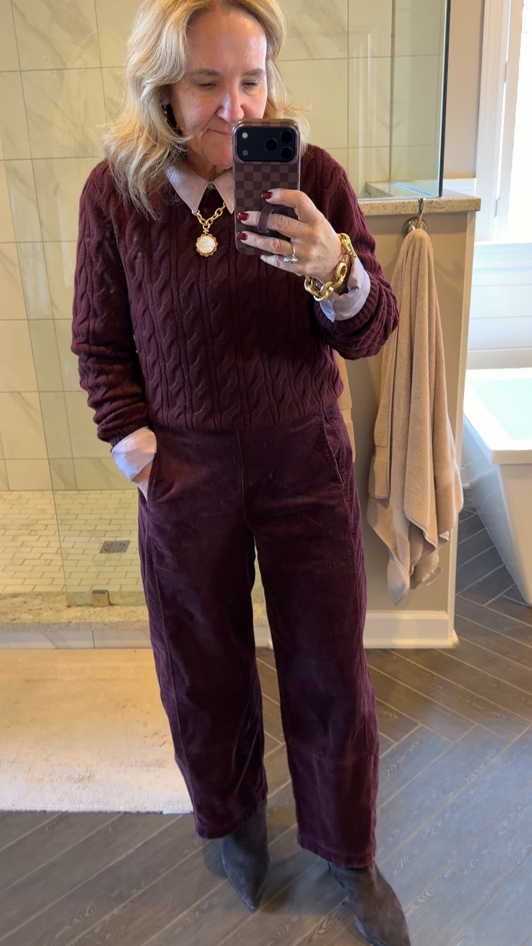 Cashmere sweater I sized up to a large 
Blouse on sale! Wearing a medium. You may consider sizing up if your arms are thicker. 
Pull on barrel pants size small reg 
Brown suede booties I sized up 1/2 
Helene pendant on the Julie Vos sale 

#LTKootd #LTKSaleAlert #LTKOver40