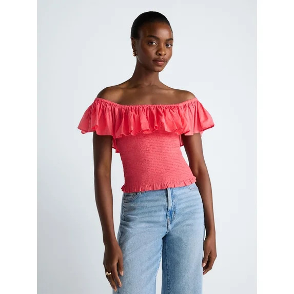 Scoop Women’s and Women’s Plus Off-the-Shoulder Smocked Ruffle Cotton Top, Sizes XS-4X | Walmart (US)