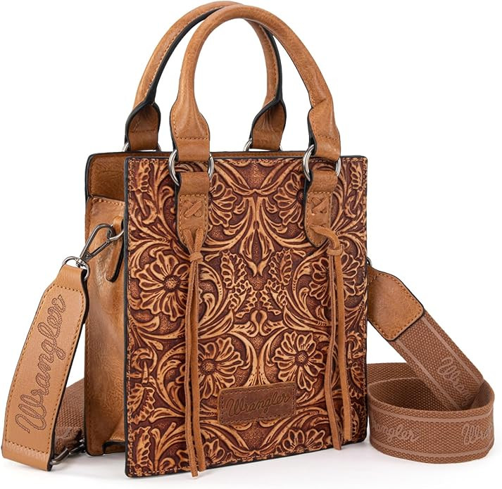 Wrangler Embossed Crossbody Purse for Women Top Handle Fringe Handbags and Western Mini Tote | Amazon (US)