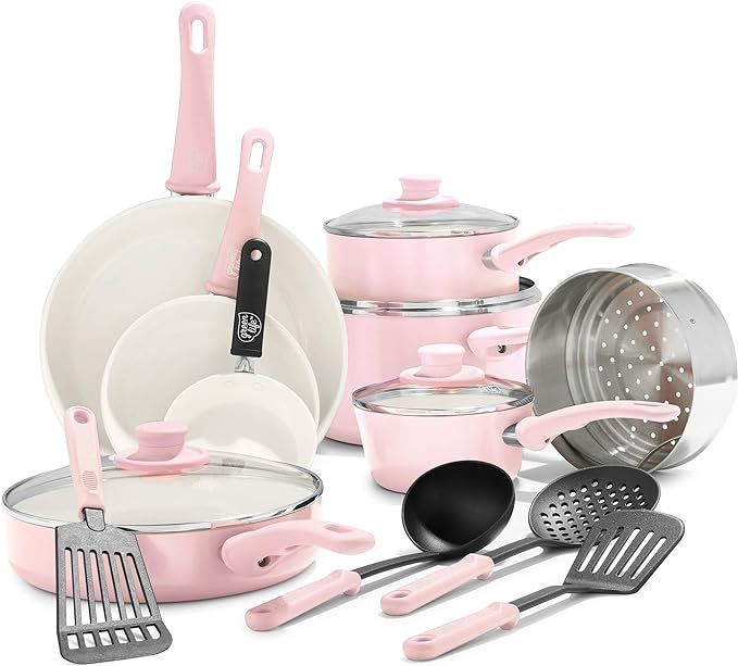 GreenLife Soft Grip Healthy Ceramic Nonstick, Cookware Pots and Pans Set, 16 Piece, Pink | Amazon (US)