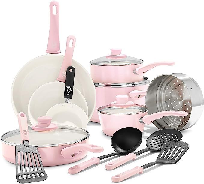 GreenLife Soft Grip Healthy Ceramic Nonstick, Cookware Pots and Pans Set, 16 Piece, Pink | Amazon (US)