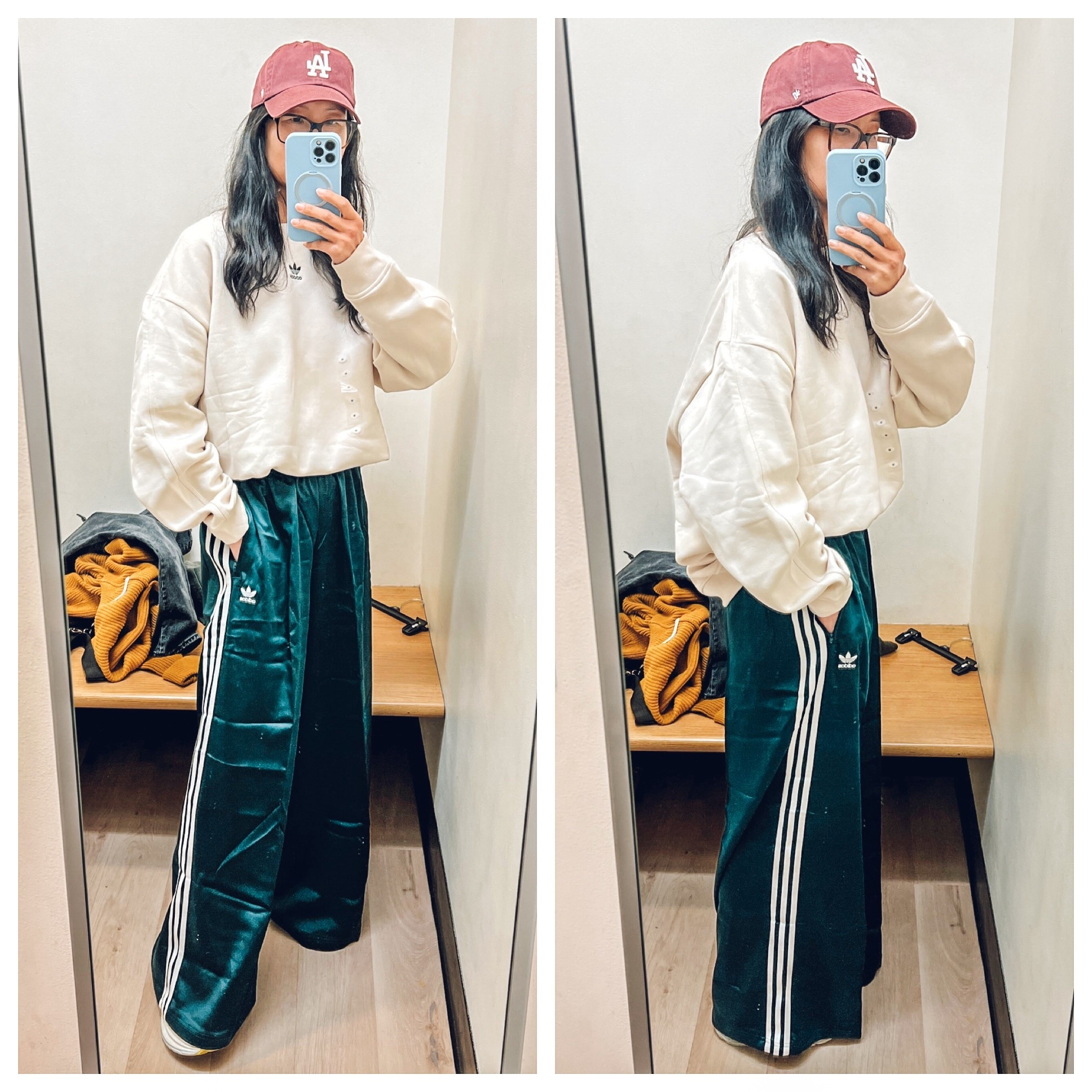 Adidas crewneck sweatshirt, very oversized, wearing medium and have it tucked under, would prefer small or XS
Adidas wide leg track pants, tts, wearing a 6, if in between go with your larger size. I’m 5’9” and they are very long so wouldn’t work for those under 5’9”


#LTKActive #LTKTall #LTKOver40