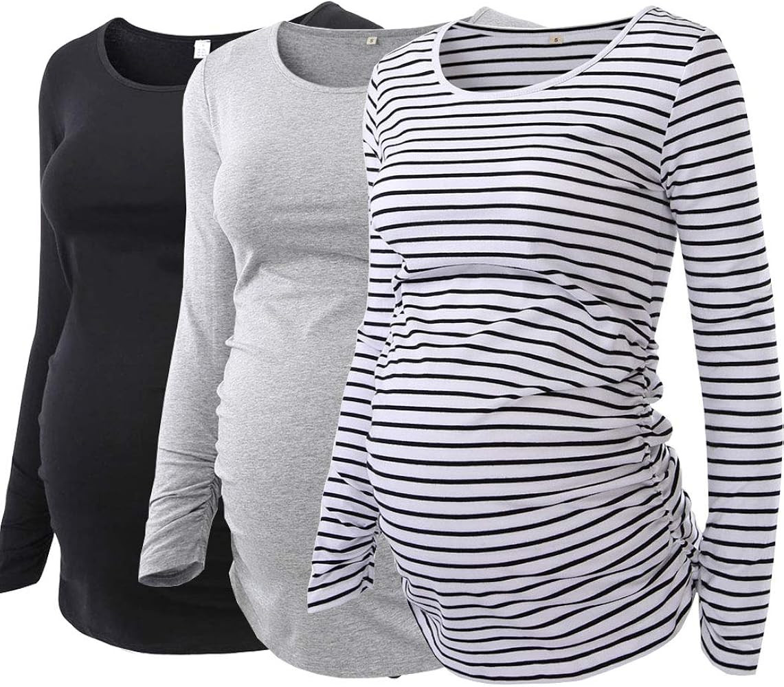Ecavus Pack 3pcs Women's Maternity Tunic Tops Long Sleeve Flattering Side Ruched Pregnancy Shirt | Amazon (US)