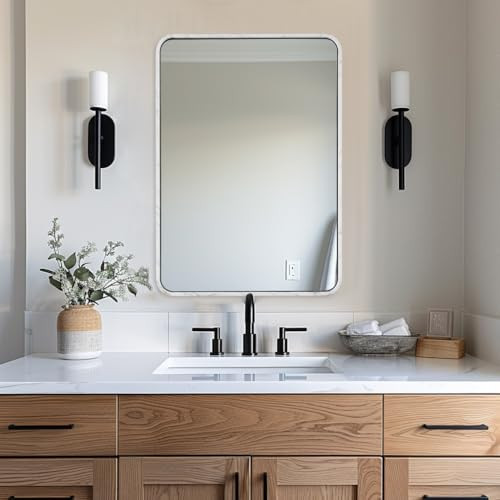 ANDY STAR White Marble Bathroom Mirror for Wall, 20x28’’ Rounded Rectangle Mirror in Tube Metal Frame 1’’ Deep Wall Mounted Horizontal/Vertical, Bianco Carrara Marble Metal Mirror for Bathroom | Amazon (US)