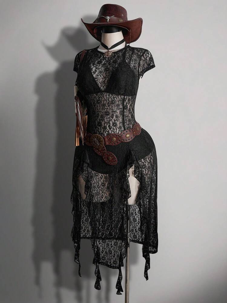 SHEIN ICON Plus Size Women's Spring/Summer Retro Sexy Street Casual Fashion Individual Avant-Garde Bold Urban Modern Millennial Style Y2K Grassland Music Festival Outfit Side Slit Ruffle Black Slim Fit Lace Dress | SHEIN