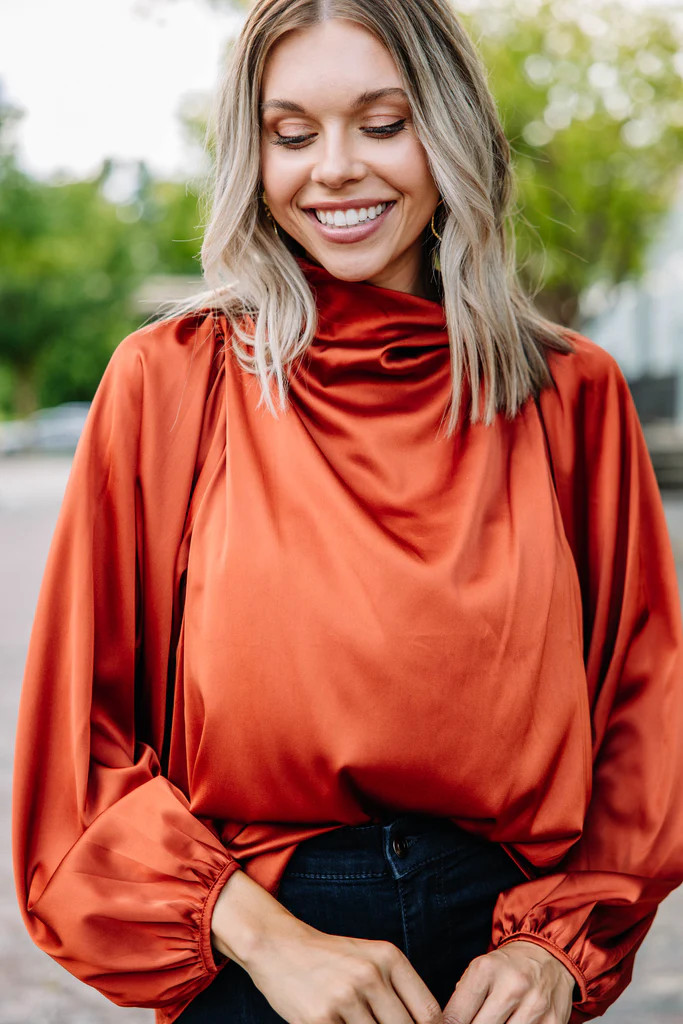 Embrace The Joy Rust Orange Satin Blouse | The Mint Julep Boutique
