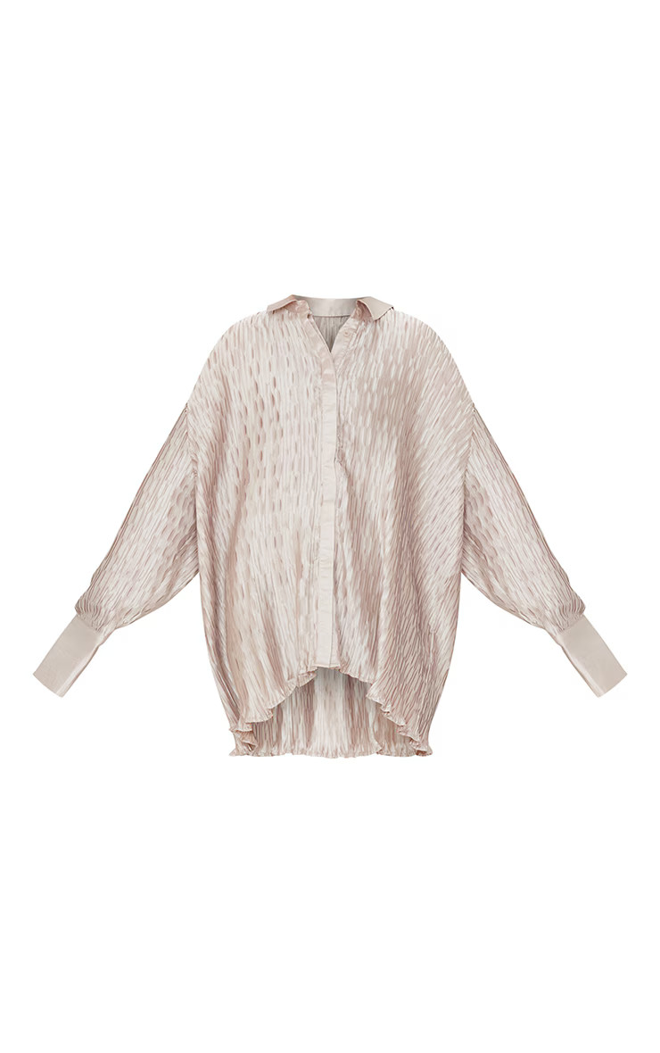 Oatmeal Plisse Oversized Shirt | Two Piece Sets | PrettyLittleThing US