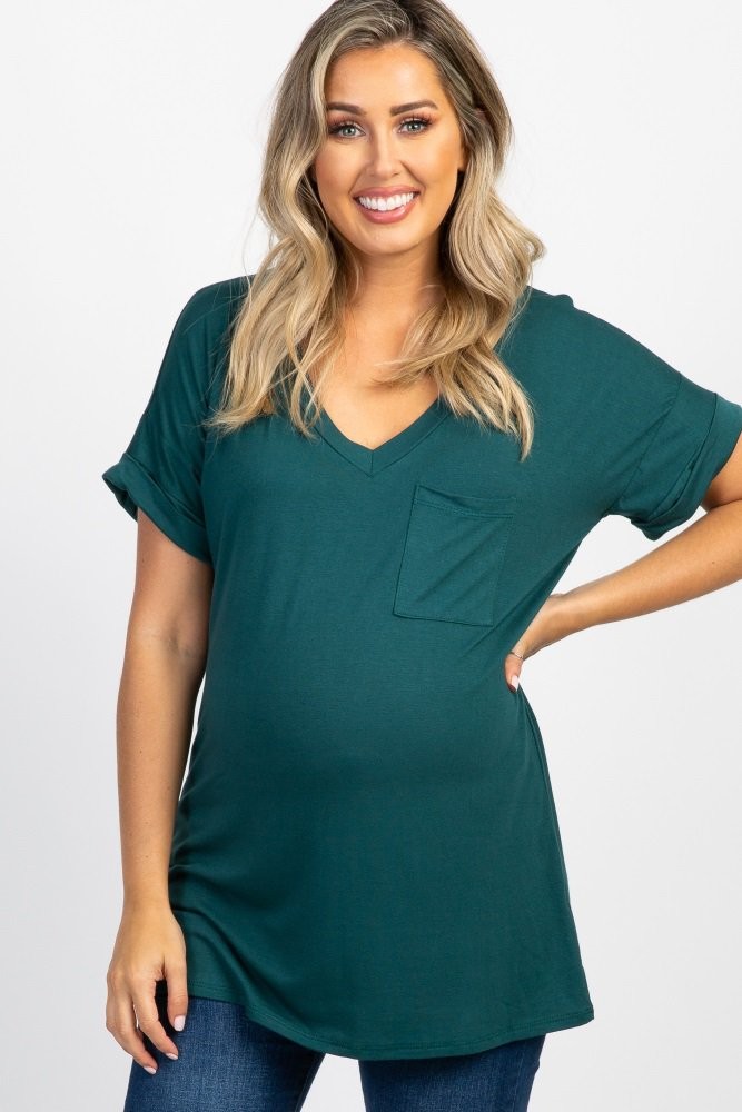 Forest Green V-Neck Pocket Accent Maternity Top | PinkBlush Maternity