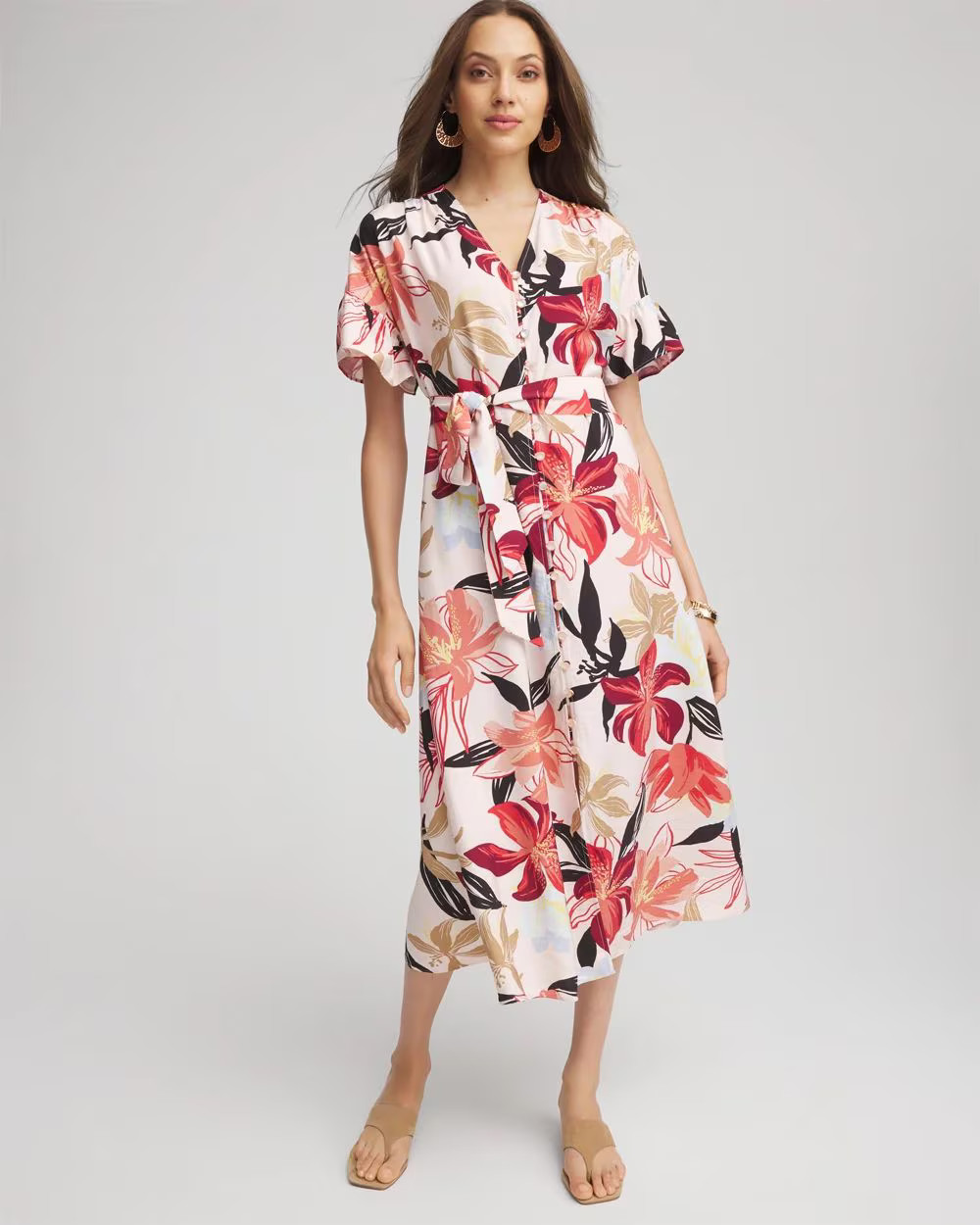 Tonal Floral Ruffle-Sleeved Midi Dress | Chico's