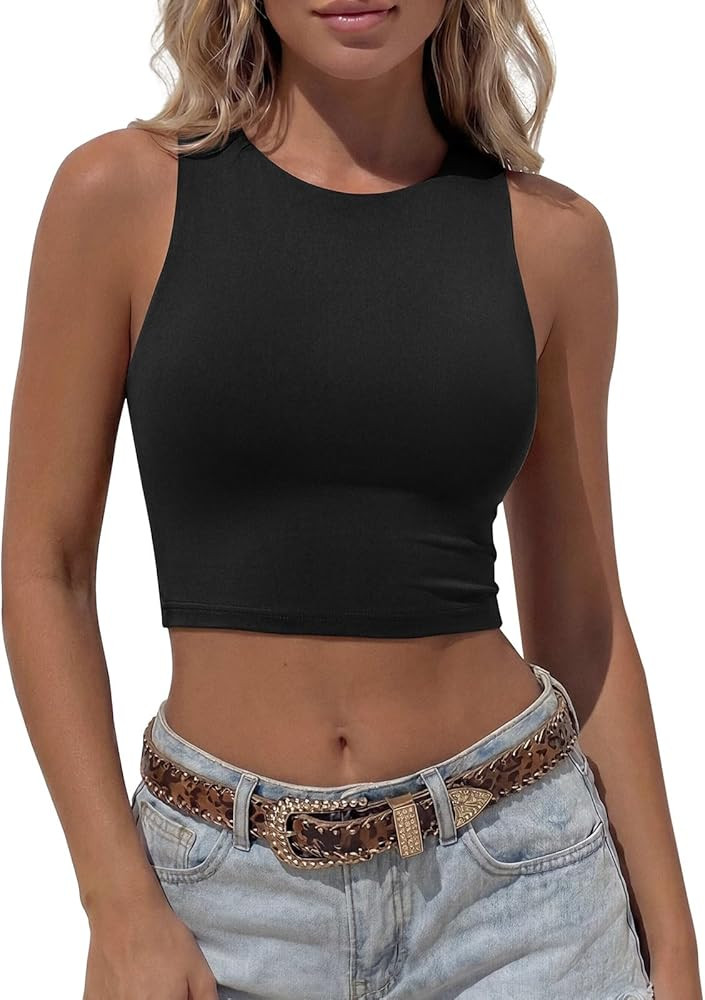 REORIA Women's Sexy Sleeveless High Neck Crop Tank Top Racerback Double Lined Cute Basic Cropped ... | Amazon (CA)