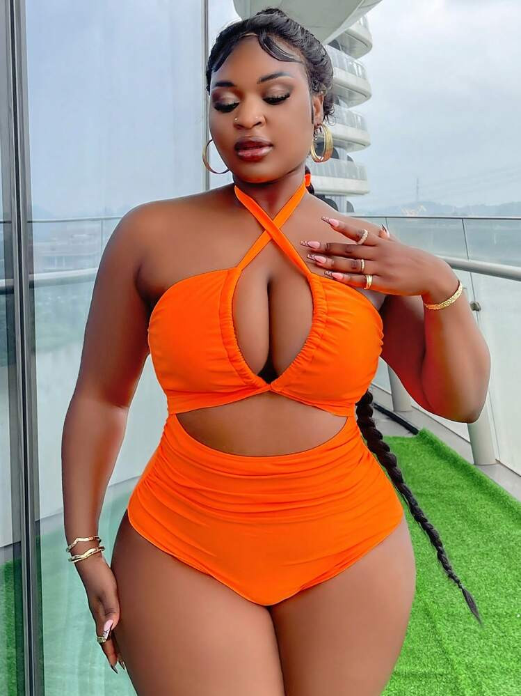 SHEIN Slayr CURVE Plus Size Women's Fashionable Summer Beach Hollow Out Halter One-Piece Swimsuit Bathing Suit | SHEIN