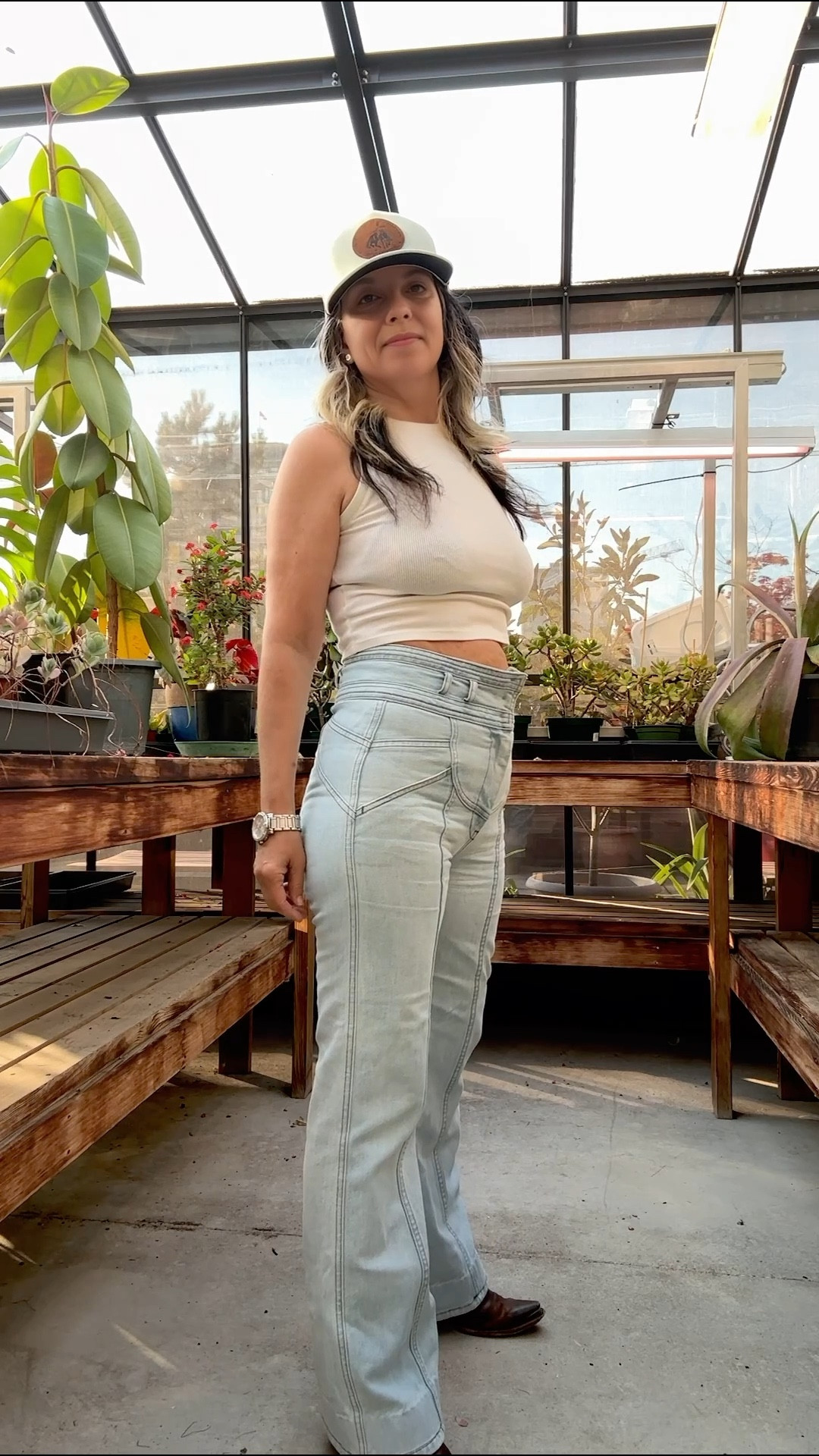 Greenhouse chic 🌱✨ Because who says you can’t water your plants in style? A classic white crop, retro flare jeans, western boots, and a cap for that effortless cool-girl vibe. Perfect for plant shopping, coffee runs, or just vibin’ with your succulents.

#OOTD #RetroFlare #WesternBoots #LTKfashion 

#LTKcanada #LTKjeans #LTKsale