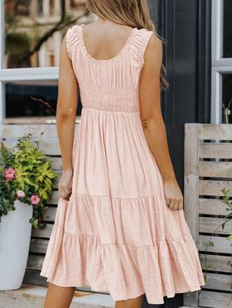 Solid Ruffle Hem Shirred Dress | SHEIN
