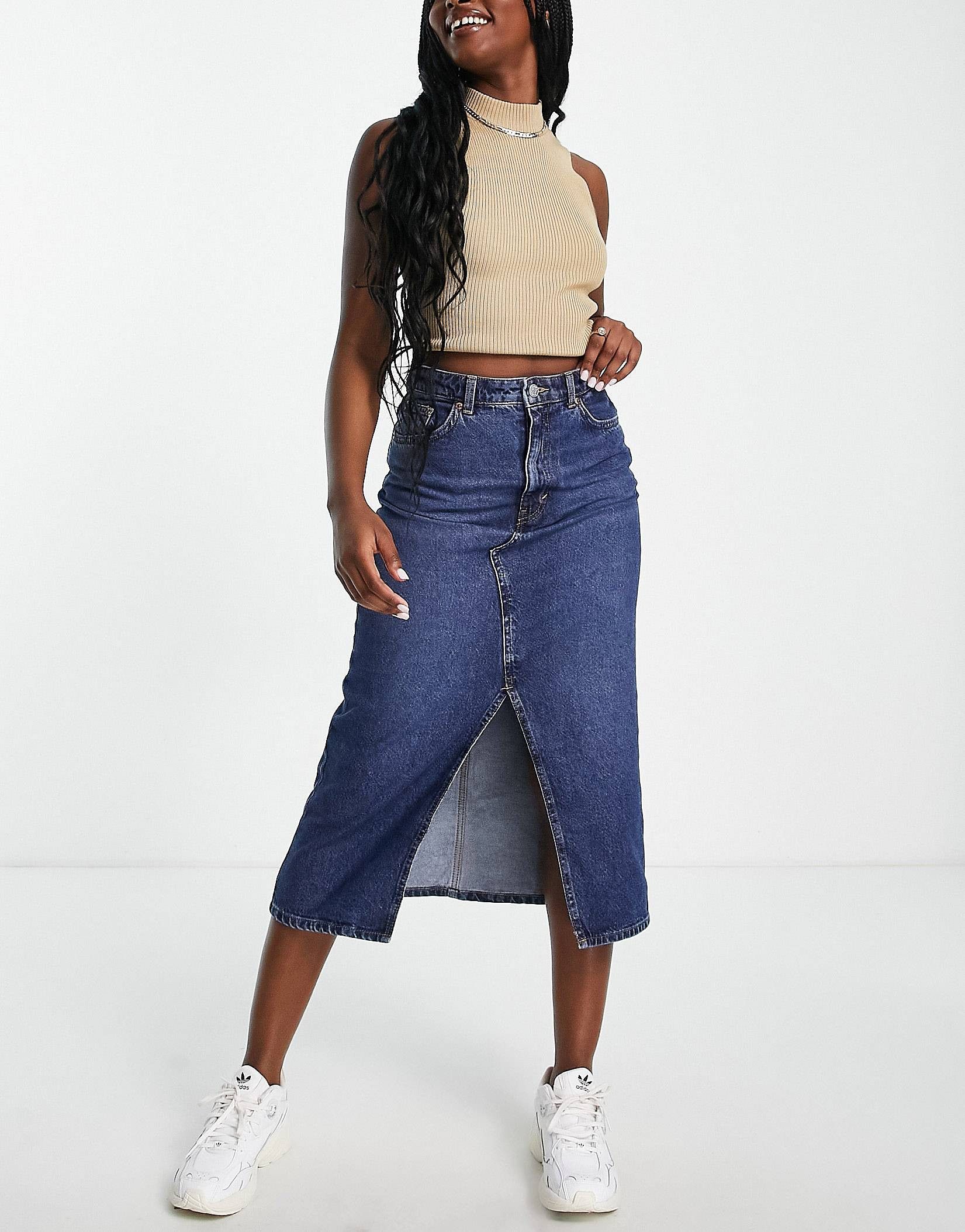 Monki - Jupe fendue mi-longue en jean - Bleu | ASOS (Global)