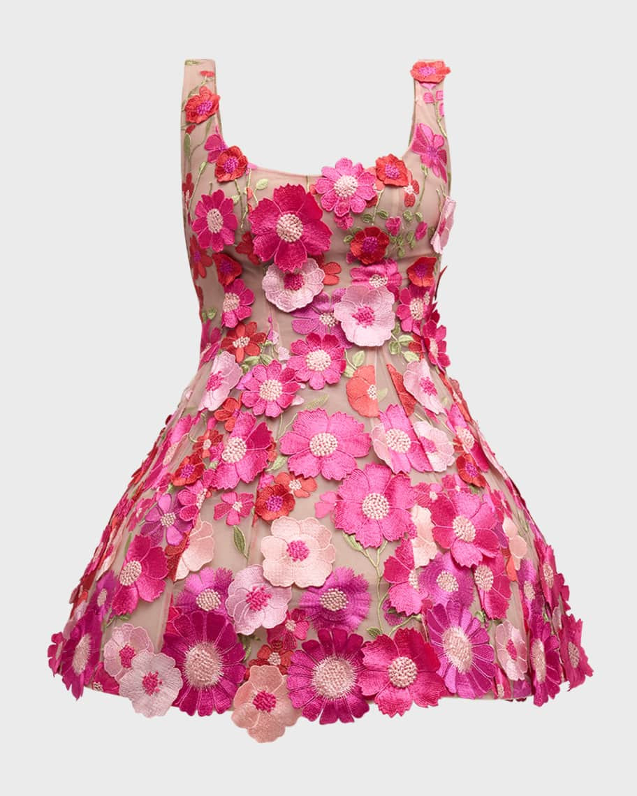 Jasmine Floral Applique Fit-&-Flare Mini Dress | Neiman Marcus