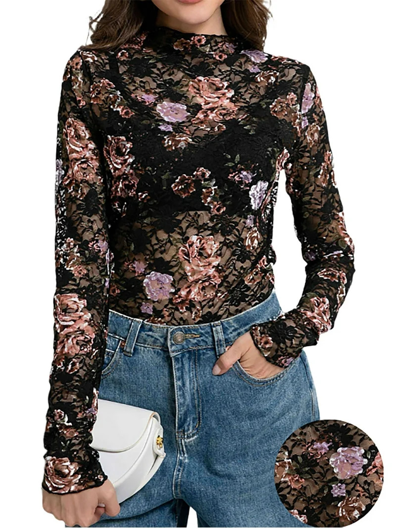 MINTREUS Lace Top with Long Sleeves Stand Collar Embroidered Floral Design Ideal for Parties and ... | Walmart (US)