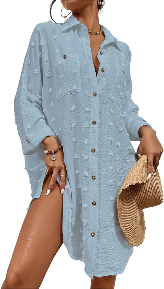 Bsubseach Swimsuit Coverup for Women Bathing Suit Cover Up Button Down Shirt Dresses Swiss Dot | Amazon (CA)