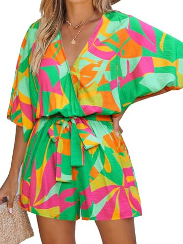 CUPSHE Women's Summer Romper V Neck Pattern Half Dolman Sleeves Belted Casual Wide Leg Mini Jumpsuits Vacation Outfit Lime Green, S | Amazon (US)