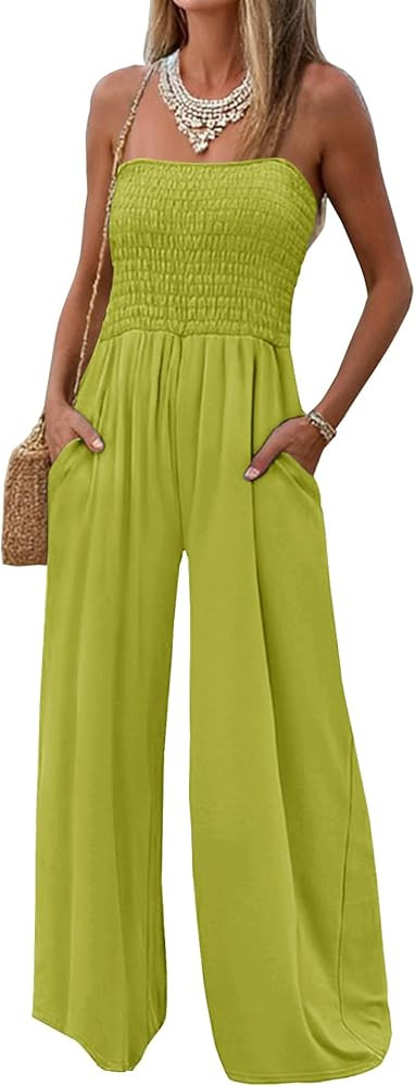 AUXDIO Womens Casual Strapless Summer Jumpsuits Loose Off Shoulder Smocked Sleeveless Wide Leg Ro... | Amazon (US)
