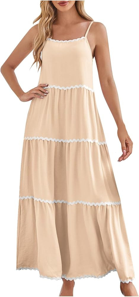 Womens Summer Halter Dresses 2024 Sleeveless Spaghetti Strap Patchwork Maxi Dress Solid Tiered La... | Amazon (US)