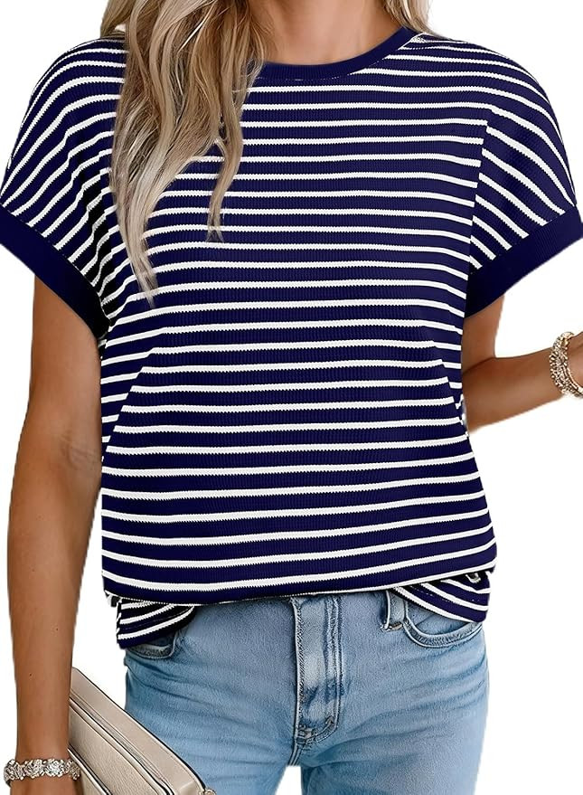Acelitt Women’s Short Sleeve Knit Tops 2026 Trendy Crewneck Striped T Shirts Casual Summer Blou... | Amazon (US)
