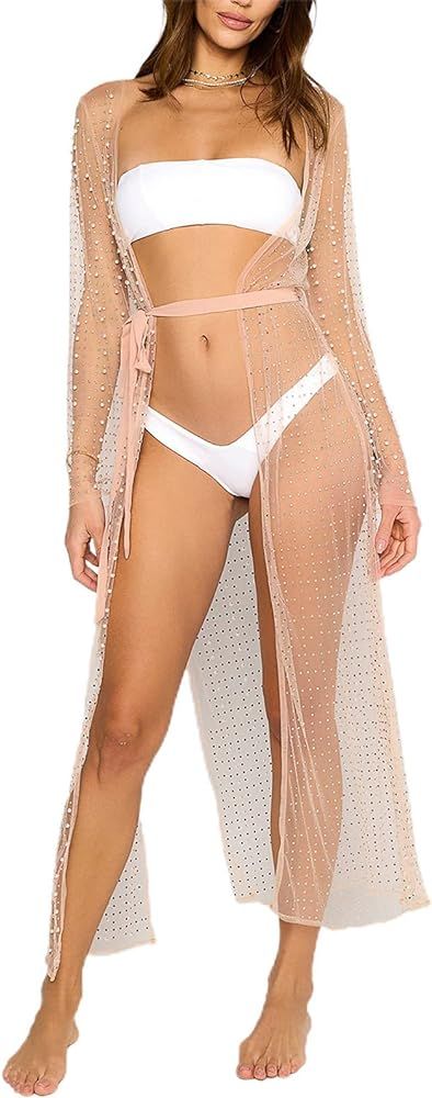 Sexy Women's Sheer Mesh Pearl Rhinestone Cover Up Dress Beach Sheer Mesh Bikini Cover Up | Amazon (US)