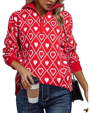 Heart Sweater for Women V Neck Valentines Sweatshirt Quarter Zip Pullover Ribbed Knitted Sweaters... | Amazon (US)