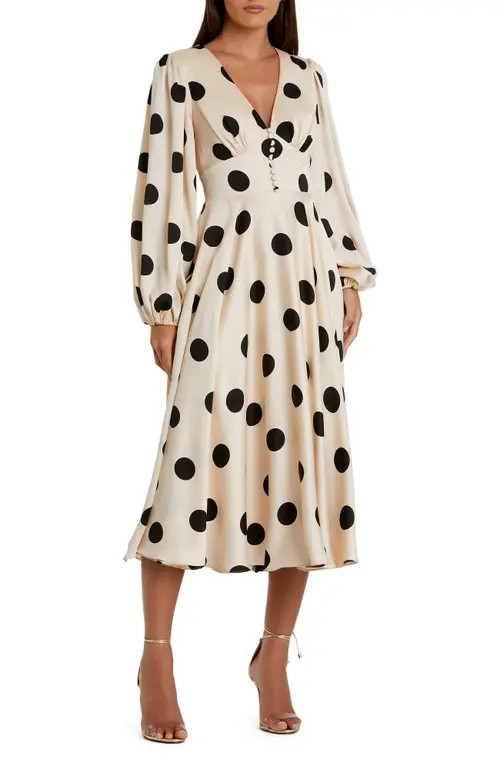 Mac Duggal Polka Dot Charmeuse Long Sleeve V Neck Midi Dress in Cream Black at Nordstrom, Size 4 | Nordstrom