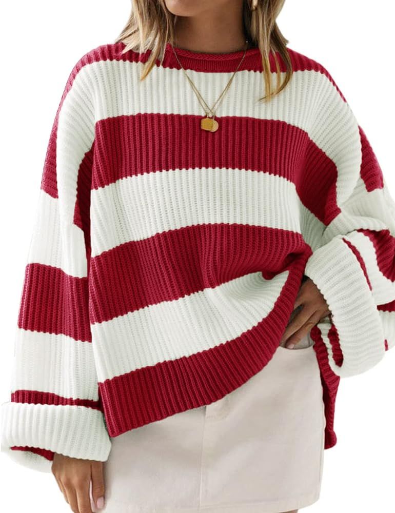 ZESICA Women's 2024 Fall Long Sleeve Crew Neck Striped Color Block Comfy Loose Oversized Knitted ... | Amazon (US)