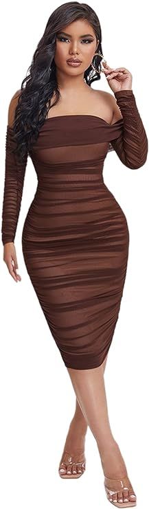 Amazon.com: SheIn Women's Ruched Off Shoulder Bodycon Dress Long Sleeve Mesh Knee Length Dresses ... | Amazon (US)