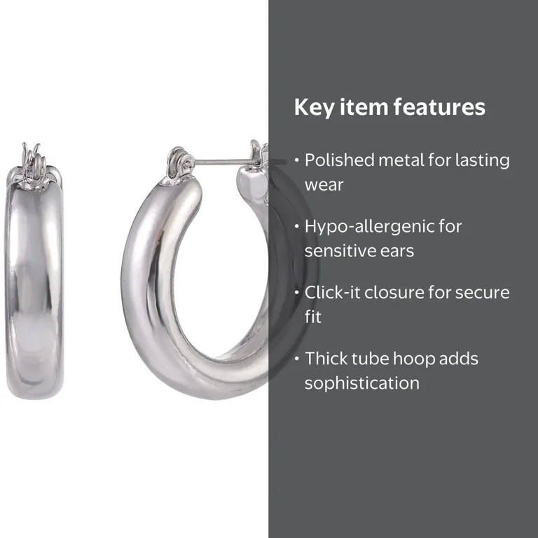 Time and Tru Adult Female Silver-Tone Thick Click-It Hoop Earring | Walmart (US)