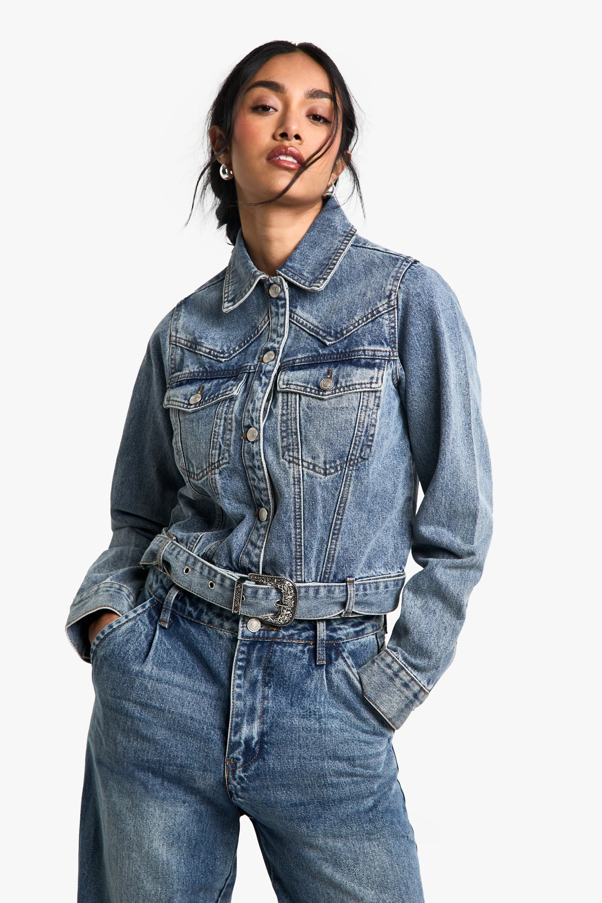 Western Buckle Detail Denim Jacket | boohoo (US & Canada)
