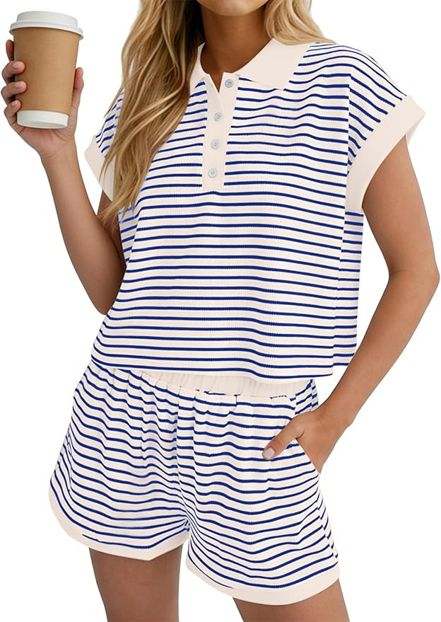 MISSACTIVER Waffle Knit 2 Piece Lounge Sets for Women Striped Pajama Set Short Sleeve Polo Shirts... | Amazon (US)