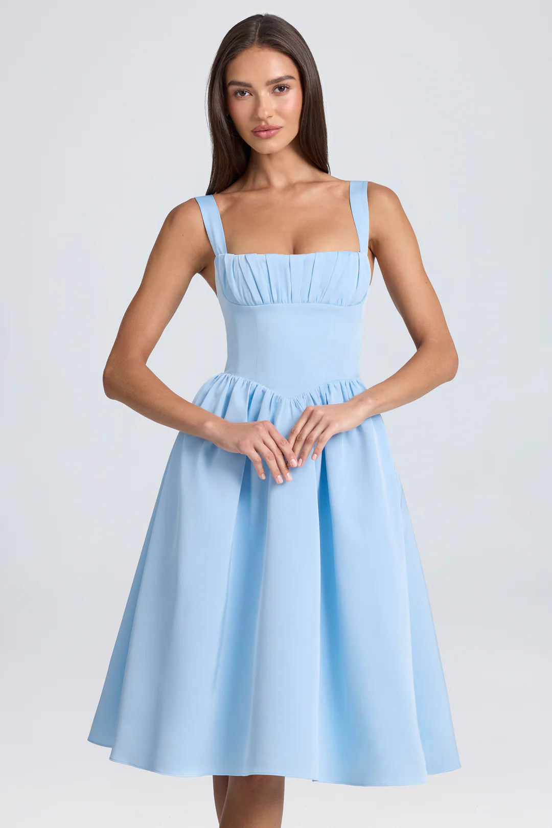 Draped Corset Midaxi Dress in Powder Blue | Oh Polly