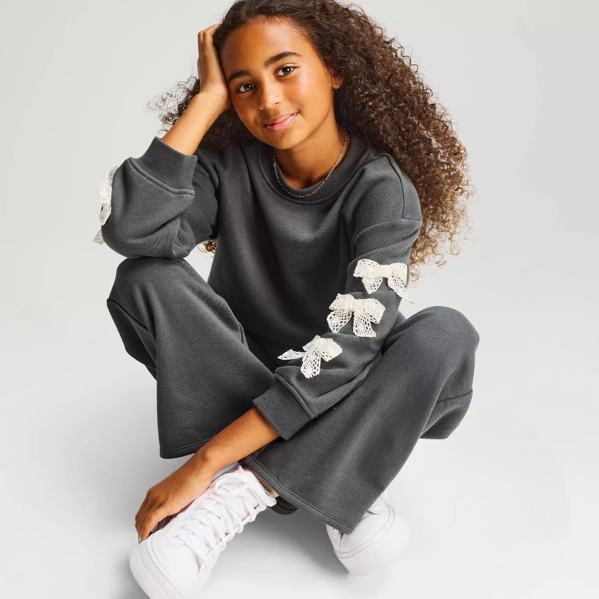 Girls' Long Sleeve French Terry Bow Pullover Sweatshirt - Cat & Jack\u2122 Charcoal Gray S | Target