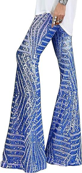 LOSRLY Womens Sequin Flared Trousers High Waist Causal Wide Leg Palazzo Pants(S-XL) | Amazon (US)