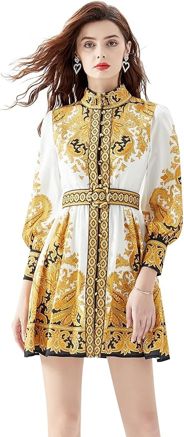 LAI MENG FIVE CATS Women's Floral Print Lantern Sleeve Button Casual A-line Mini Dress with Belt | Amazon (US)