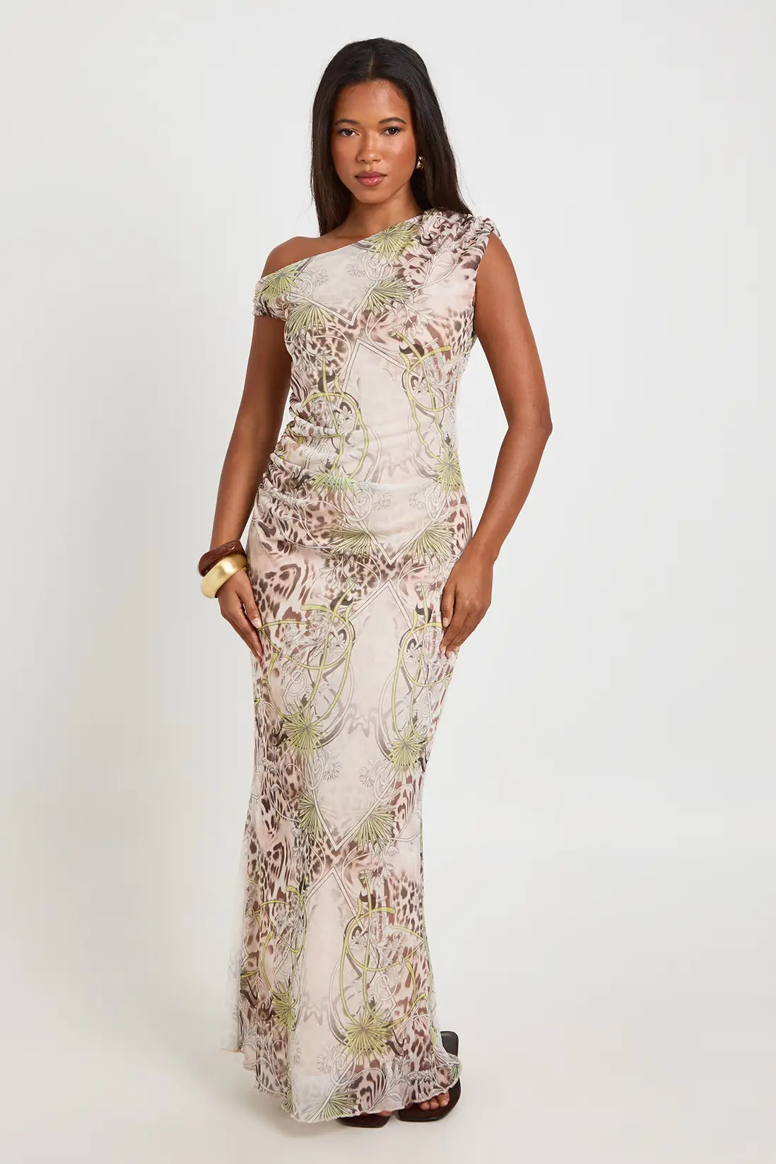 Animal Print  Printed Mesh Asym Neck Maxi Dress | Boohoo USA | boohoo (US & Canada)