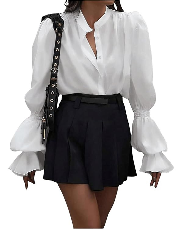 SweatyRocks Women's Puff Sleeve Button Down Shirt Vintage Loose Fit Blouse Dressy Casual Tops | Amazon (US)